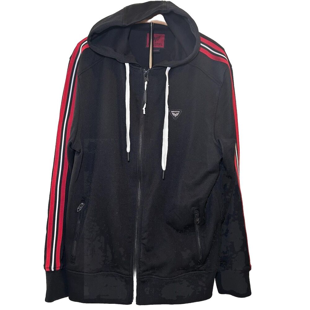 Industry Men’s Double Knit Zip Up Jacket with Hood Size XL Black Sleeve Stripes